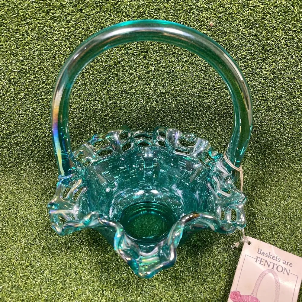 Vintage Fenton Teal Carnival Glass Open Edge Basketweave Basket w Original Tag